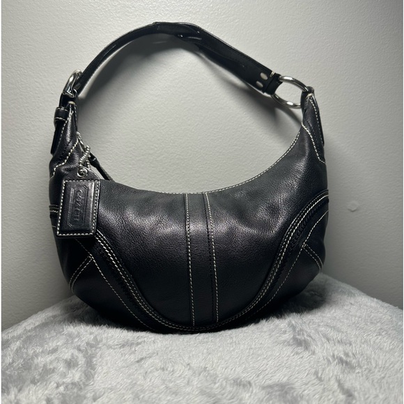 Vintage Authentic Coach Leather Hobo Mini Black with White Stitch - Picture 1 of 9